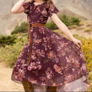 New Joyfolie Plum Ikat Jen Cream Flutter Sleeve Girls Dress 14 NWT